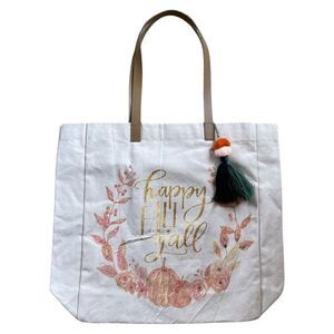 Eccolo World Traveler Canvas Happy Fall Y’All Pom Tote Leatherlike Straps NWOT